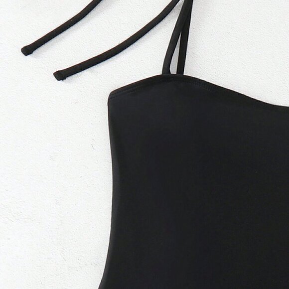 Black Vacation Style Women's Swim Summer Beach Solid Color One-Piece Swimsuit - Picture 5 of 5